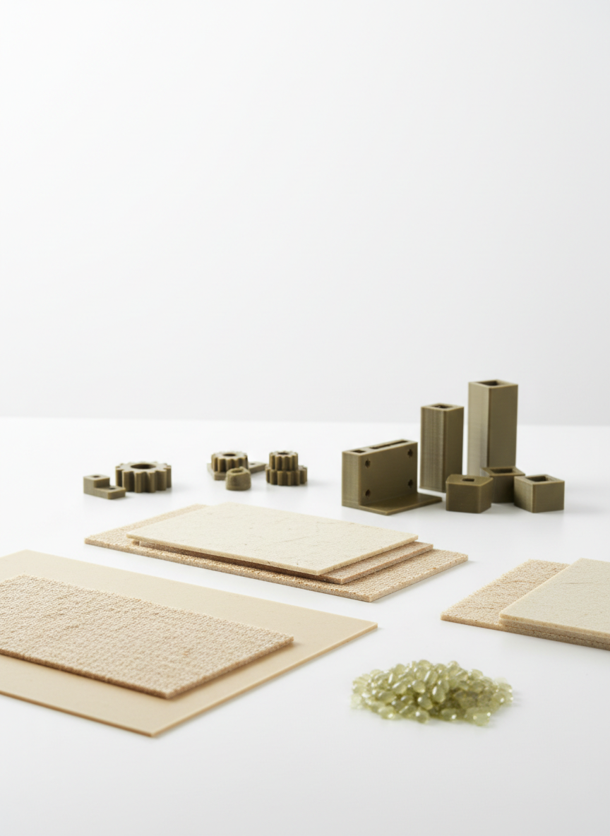 A neatly arranged showcase of hemp-based biopolymers and biocomposite materials laid out on a pristine white studio surface. In the foreground, several flat polymer panels embedded with visible hemp fibers display natural beige and light tan tones, alongside translucent, slightly glossy biodegradable pellets. Nearby, 3D-printed prototype components made from hemp bioplastic sit in organized groups, their matte surfaces and subtle layer lines sharply defined. The background fades into a soft white gradient, keeping attention on the materials. Illuminated by soft, uniform studio lighting from above and slightly to one side, gentle shadows provide depth without distraction. Photographed from a straight-on, slightly elevated perspective with sharp focus throughout, the mood is innovative, clean, and professional, embodying cutting-edge sustainable manufacturing in a minimalist, photographic realism style.