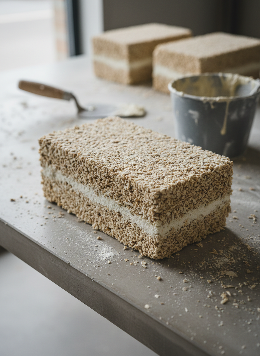 A detailed, realistic photograph of a cross-section of hempcrete wall, showing layers of compacted hemp hurds bound with lime, the irregular beige and light-brown particles clearly visible in rough, porous texture. The sample block rests on a smooth, neutral gray concrete worktable dusted with fine lime powder and scattered hemp shavings. Behind it, slightly out of focus, stand additional test blocks, a metal trowel, and a small bucket of mixed hempcrete. Soft overcast daylight filters through an unseen workshop window, producing even, diffused light with minimal shadows, emphasizing surface texture. Captured at a low, three-quarter angle with shallow depth of field, the composition feels technical yet accessible, highlighting the sustainable building material in a professional, clean, eco-conscious aesthetic.