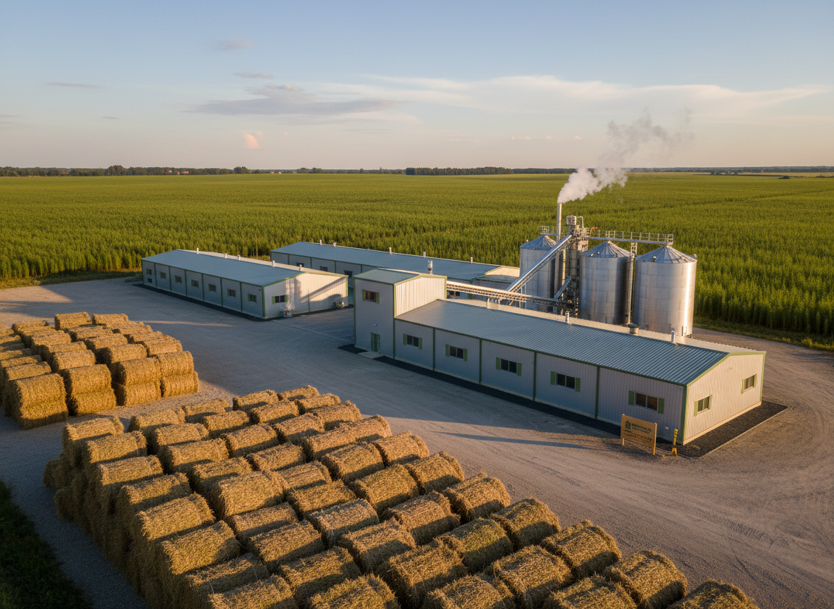 A wide, panoramic photograph of an eco-industrial facility focused on hemp processing, set on the edge of a vast hemp field under a clear, softly lit late-afternoon sky. In the foreground, large bales of dried hemp stalks with coarse, fibrous textures are stacked neatly on a compacted gravel yard. Beyond them, modern, low-profile metal-clad buildings with clean lines and subtle green accents house processing equipment, with tall silos and covered conveyors visible in precise detail. Natural sunlight casts long, gentle shadows across the scene, imparting a calm, productive atmosphere. Captured from a slightly elevated vantage point with deep focus, the composition emphasizes scale and integration with the landscape, showcasing a professional, sustainable industrial operation in realistic, documentary-style photography.