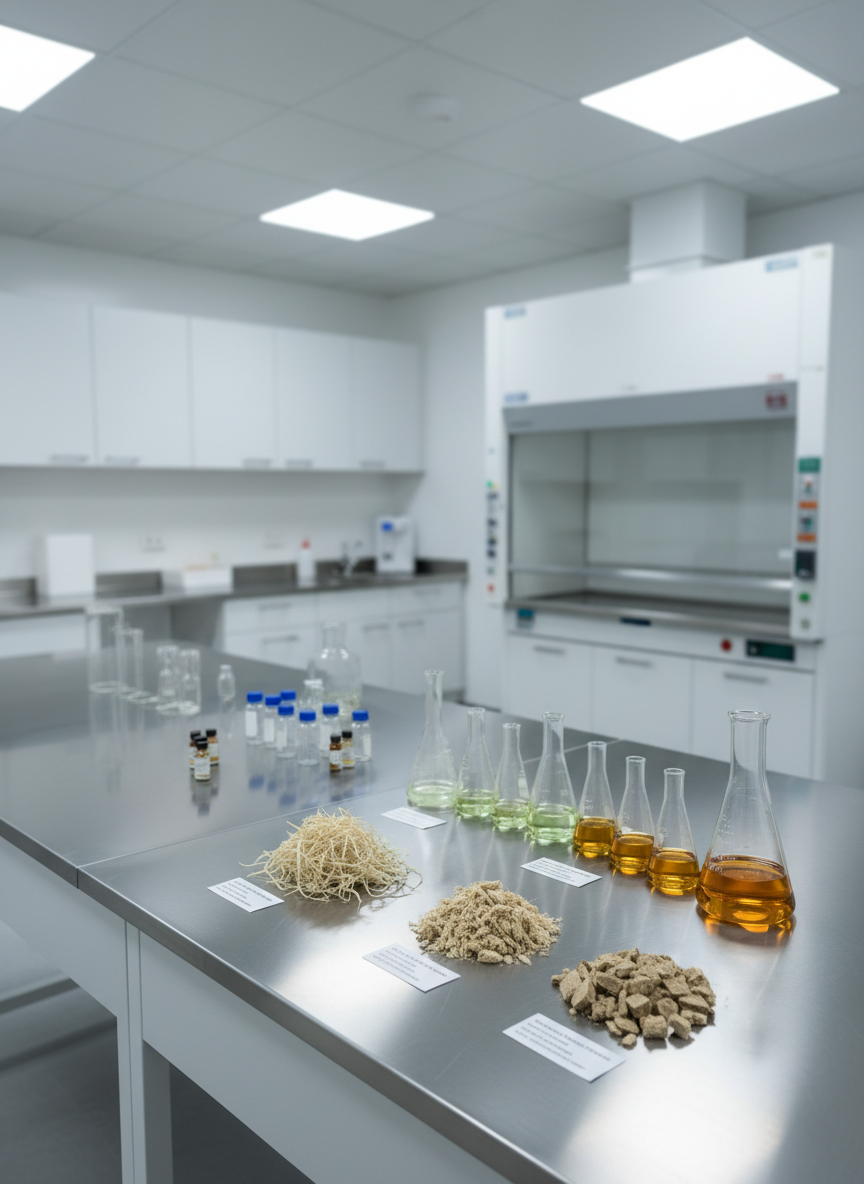 An airy, modern industrial lab interior dedicated to hemp research, photographed in sharp detail. Stainless-steel laboratory benches support labeled glass beakers and vials filled with pale green and amber hemp-derived liquids, next to neatly stacked hemp fibers and pressed hemp hurd samples. In the background, clean white cabinets and a large fume hood recede into a softly blurred depth, reinforcing professionalism. Cool, diffused overhead LED lighting reflects gently off metal surfaces without harsh glare, creating a calm, methodical atmosphere. Shot from a slightly elevated angle with a wide lens, the composition balances foreground samples against the spacious, organized lab environment. The visual style is photographic and clinical yet inviting, communicating scientific rigor and eco-friendly biotech innovation.