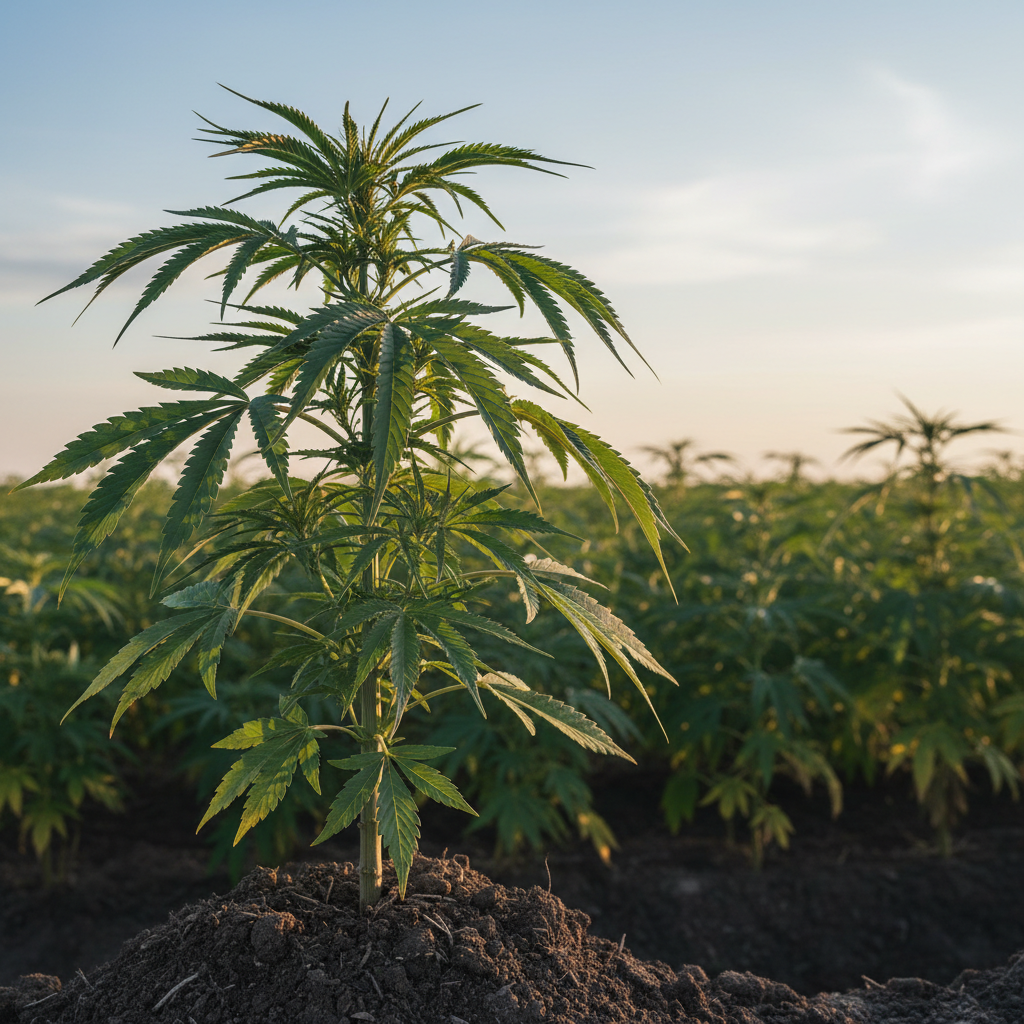 A close-up, high-resolution photograph of a single, mature industrial hemp plant, its tall, straight fibrous stalk rising from dark, healthy soil. The serrated, deep-green leaves fan outward in crisp detail, with visible veins and slightly matte texture catching the light. In the background, an expansive hemp field fades into a soft blur, hinting at rows of plants under a wide, pale-blue sky. Captured at eye level with a gentle golden-hour sunlight creating soft highlights along the stems and subtle shadows between the leaves, the mood is professional and optimistic. The composition follows the rule of thirds, with photographic realism and a clean, modern aesthetic emphasizing sustainable agriculture and industrial potential.