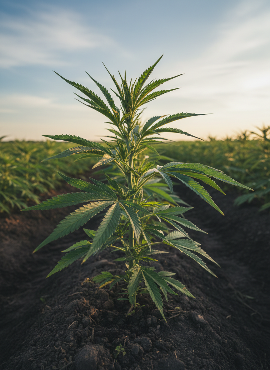 A close-up, high-resolution photograph of a single, mature industrial hemp plant, its tall, straight fibrous stalk rising from dark, healthy soil. The serrated, deep-green leaves fan outward in crisp detail, with visible veins and slightly matte texture catching the light. In the background, an expansive hemp field fades into a soft blur, hinting at rows of plants under a wide, pale-blue sky. Captured at eye level with a gentle golden-hour sunlight creating soft highlights along the stems and subtle shadows between the leaves, the mood is professional and optimistic. The composition follows the rule of thirds, with photographic realism and a clean, modern aesthetic emphasizing sustainable agriculture and industrial potential.