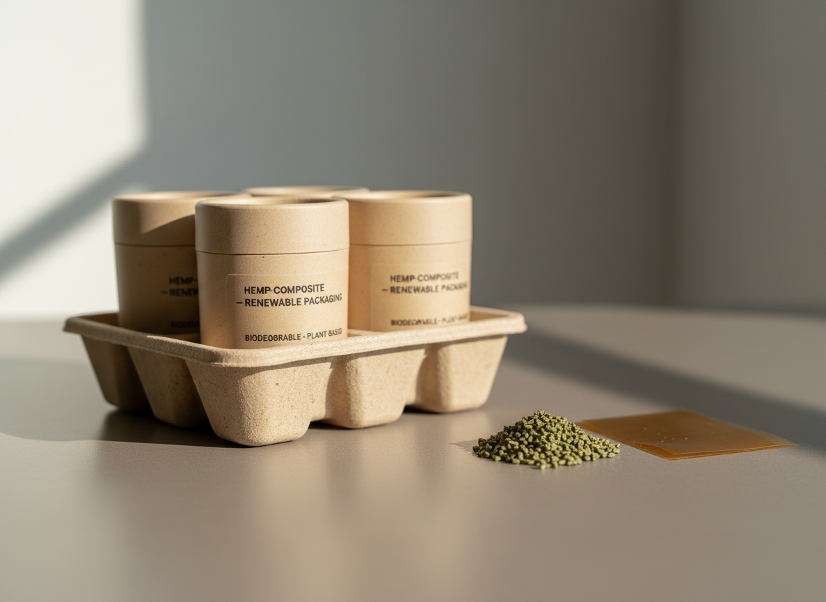 A close, detailed photographic view of biodegradable packaging made from hemp-based biocomposites, arranged on a smooth, warm-gray tabletop. A matte, light-brown molded tray with subtly visible hemp fibers holds neatly stacked, natural-colored product containers, each with clean, minimal labeling referencing eco-friendly materials. Beside them, a small pile of raw hemp bioplastic pellets and a thin, flexible film sample illustrate the material’s origin. Soft window light from the left creates gentle highlights along curved edges and casts delicate shadows, while the background falls into a neutral, softly blurred gradient. Shot at an eye-level angle with shallow depth of field, the scene feels modern, responsible, and professional, aligning with sustainable manufacturing and holistic cannabis community branding in a precise, photographic realism style.